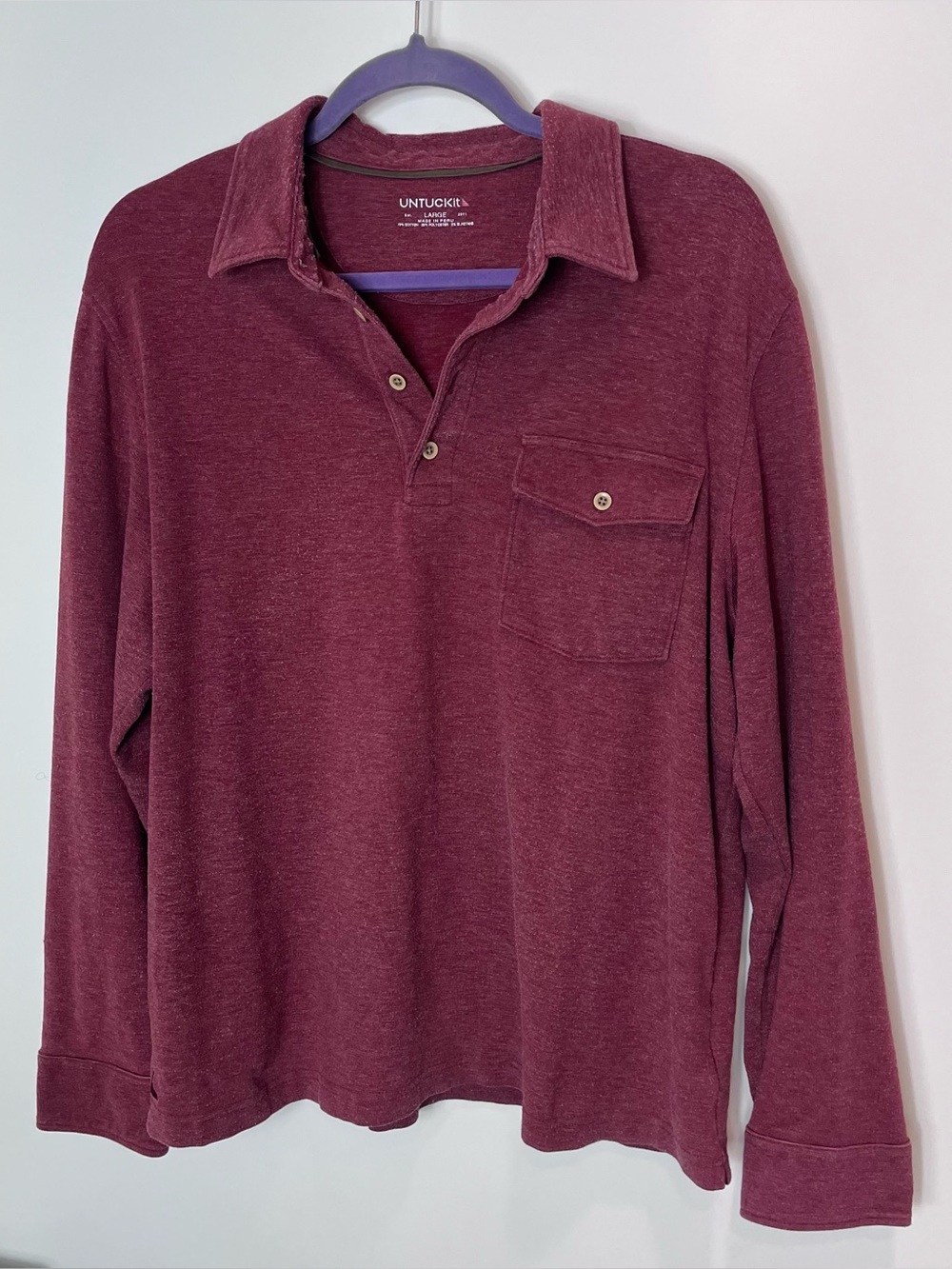 UNTUCKit Mens Matthieu Long Sleeve Polo Shirt Berry Red Size Large Pocket Collar